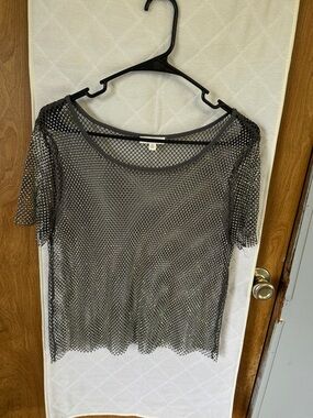 Sheer Metallic Mesh Short Sleeve Top - Gray